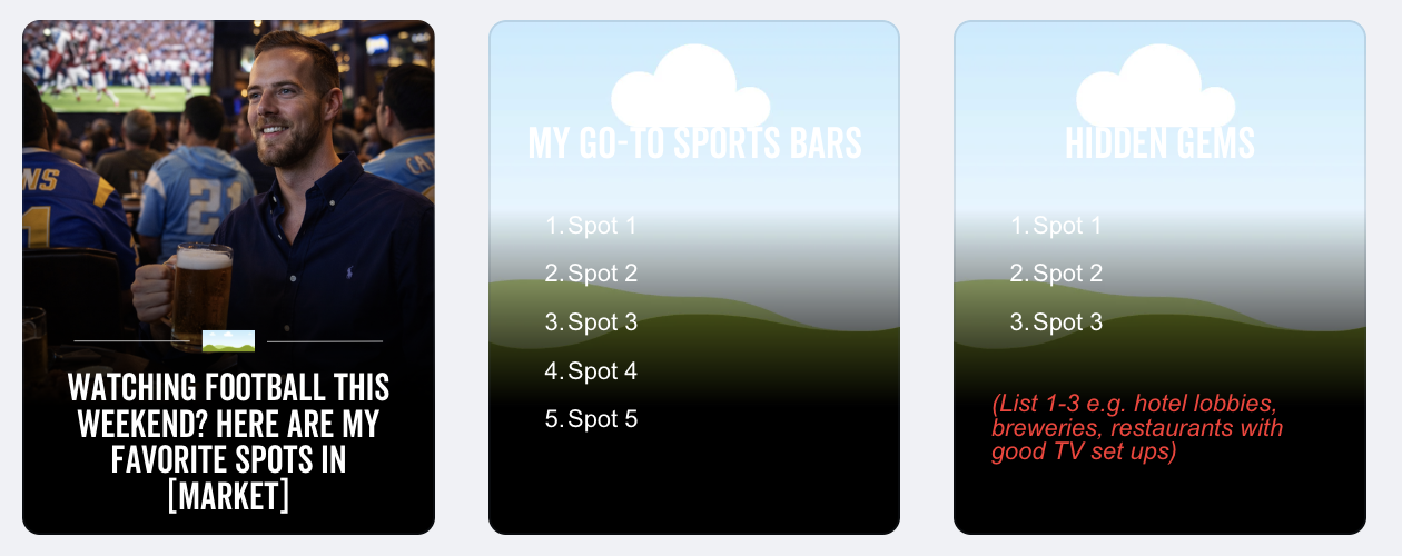 Triptych card layout: left photo of a man at a sports bar holding a beer, with the headline 'WATCHING FOOTBALL THIS WEEKEND? HERE ARE MY FAVORITE SPOTS IN [MARKET]'; middle panel titled 'MY GO-TO SPORTS BARS' listing Spots 1–5 over a gradient sky; right panel titled 'HIDDEN GEMS' listing Spots 1–3 with a red note about types (e.g., hotels, breweries, restaurants with good TV setups).