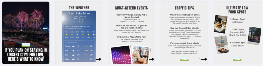LDW 1 - BAM Night city skyline with fireworks and bold LDW stay-tips caption in white text on the left image panel of the carousel/infographic.