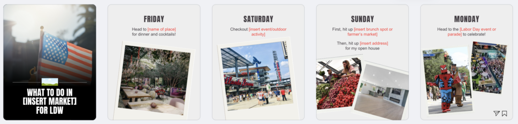 LDW 2 - BAM Row of five cards showing a weekend schedule: leftmost poster with an American flag, then Friday, Saturday, Sunday, and Monday cards with photos and text prompts.
