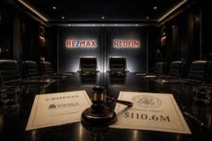 Gavel on settlement documents on a dark conference table, with RE/MAX and Redfin logos lit in the background.