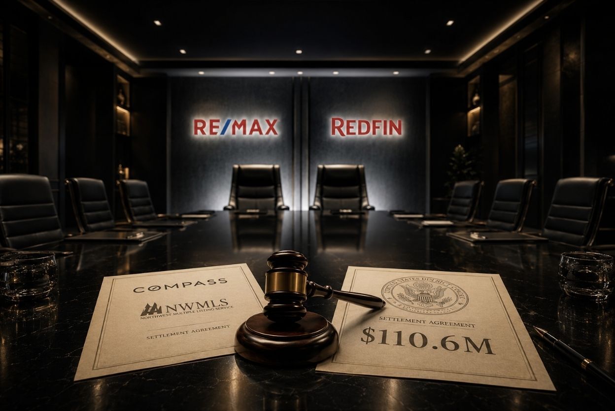 Gavel on settlement documents on a dark conference table, with RE/MAX and Redfin logos lit in the background.