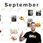 Home 40 September calendar page with event icons on specific dates and a man in a BAM shirt giving a thumbs up in the foreground.