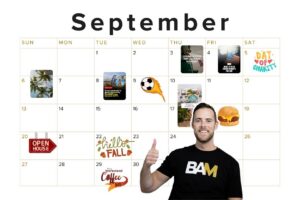 September 2026 Content Plan for Real Estate Agents - BAM September calendar page with event icons on specific dates and a man in a BAM shirt giving a thumbs up in the foreground.