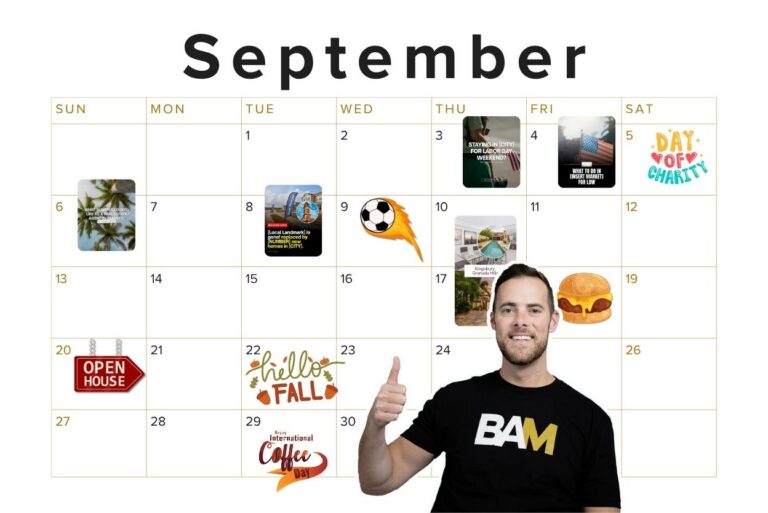 September calendar page with event icons on specific dates and a man in a BAM shirt giving a thumbs up in the foreground.