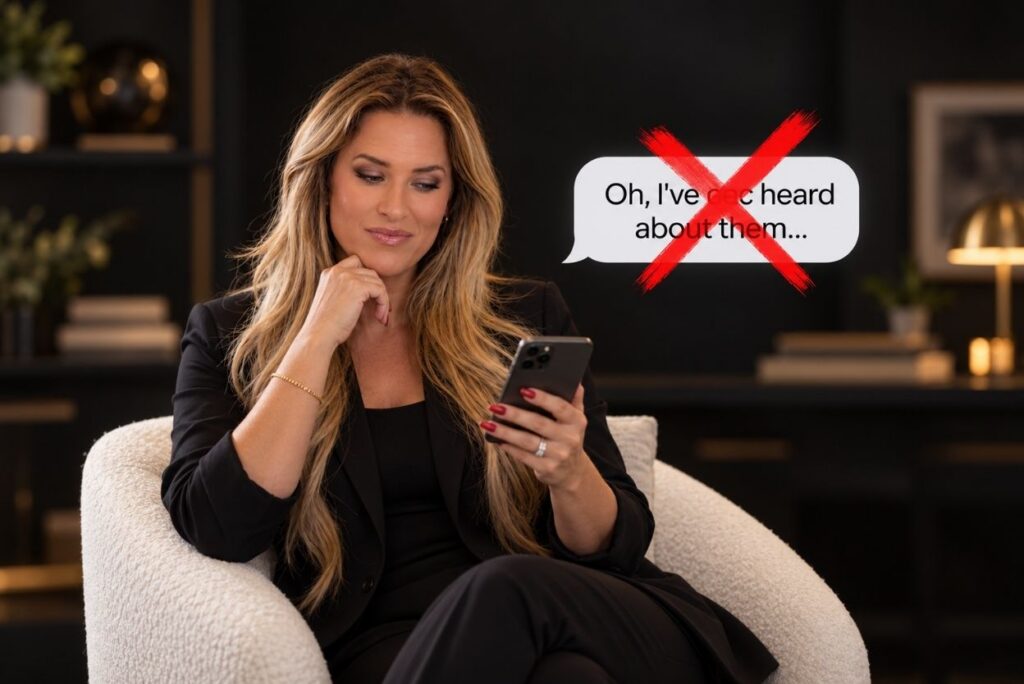 Businesswoman in a black blazer sits in a cream chair, looking at her phone; a speech bubble reading 'Oh, I've heard about them...' is crossed out with a red X.