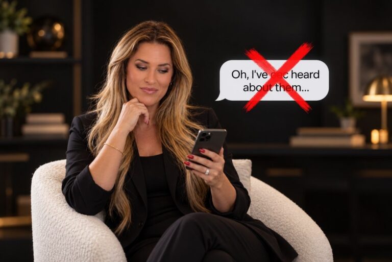 Businesswoman in a black blazer sits in a cream chair, looking at her phone; a speech bubble reading 'Oh, I've heard about them...' is crossed out with a red X.