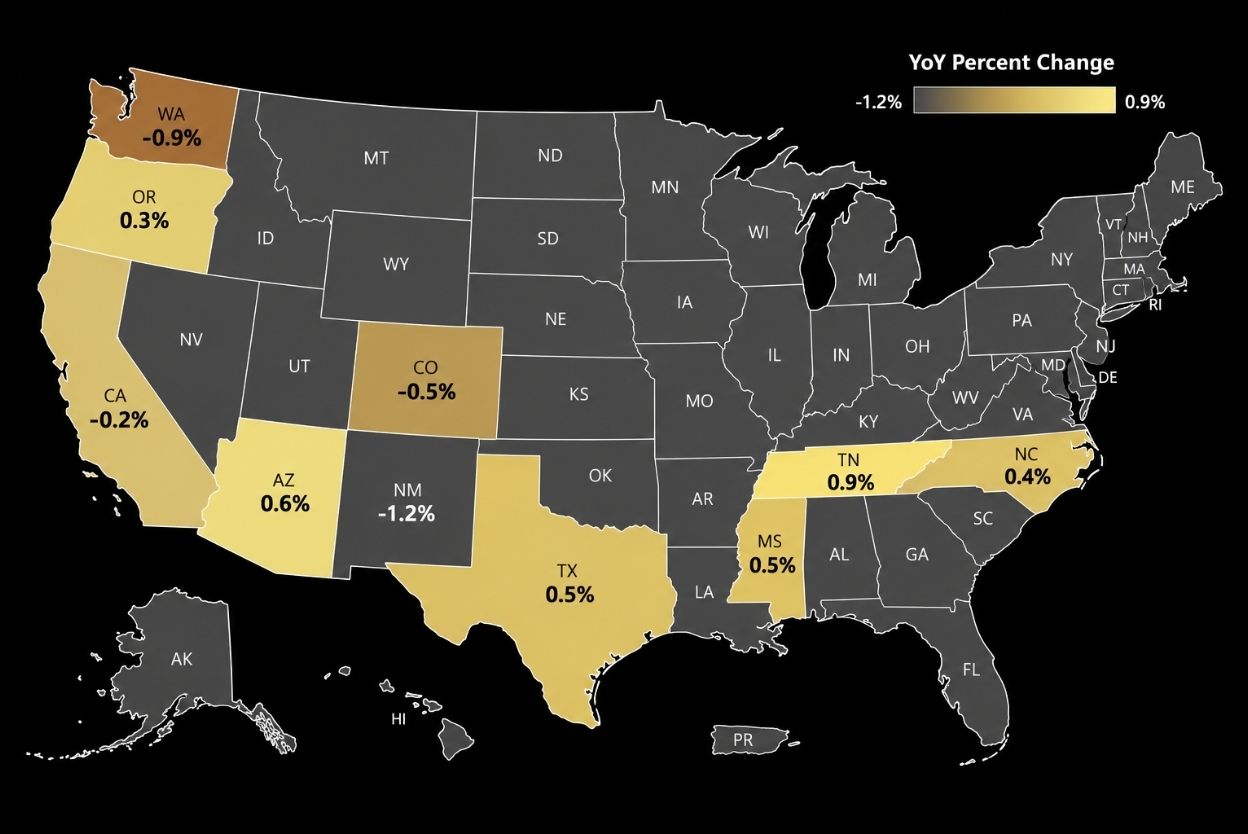 Map of the United States showing state-by-state YoY percent change, with gold indicating positive changes and gray indicating negative; examples: AZ 0.6%, TX 0.5%, TN 0.9%, CO -0.5%. The legend ranges from -1.2% to 0.9%.